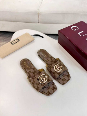 Gucci GG Supreme Canvas Double G Women's Slide Sandals Beige Gold Flat Slides