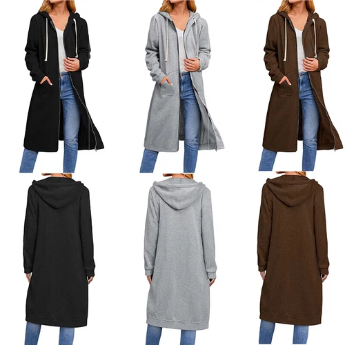 Damen Frauen langer Kapuzen Hoodie Reißverschluss Tasche Pullover Fleece Mantel Sweatshirt Tops - Bild 4 von 21