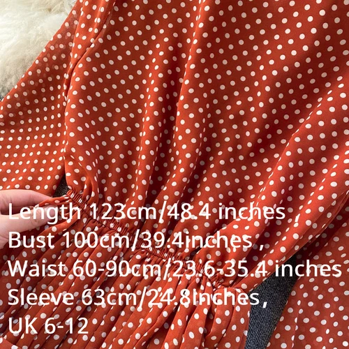 Women Chiffon Pleated Dress Long Puff Sleeve Polka Dot Midi Button with Belt - Picture 13 of 23
