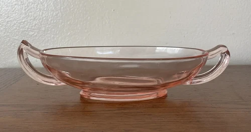 Unique Vintage Pink Depression 7" Oval Handled Dish Glass Bowl