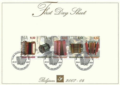 [FDS219] Belgium FDS 2007-04 Music Accordions First Day Sheet SUPERB
