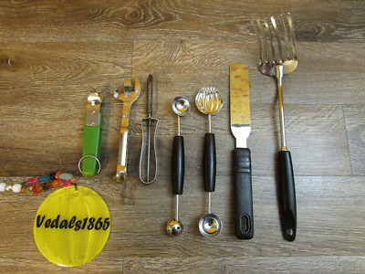 EKCO VTG Mixed Lot of 7 Kitchen Utensils: Mixing Whip, Avocado Green Bottle Open