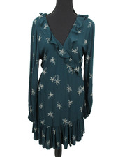 BILLABONG Midi Wrap Dress Women Size 12 Green Palm Trees Tropical Ruffle Boho