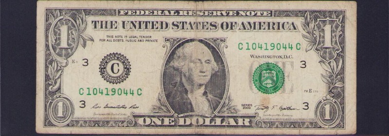 2009 US $1 Dollar Bill Banknote Serial # C 10419044 C Liberty Bartholdi Died