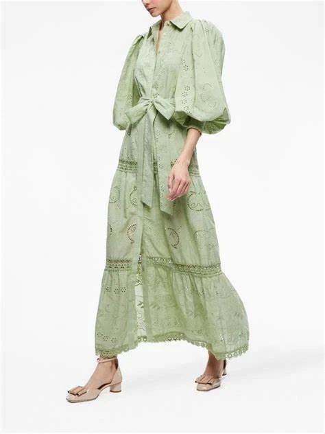 VESTIDO MIDI ALICE AND OLIVIA CUELLO LILLY OJALES ALGODÓN CINTURÓN VERDE TALLA 2 Foto 3 de 4