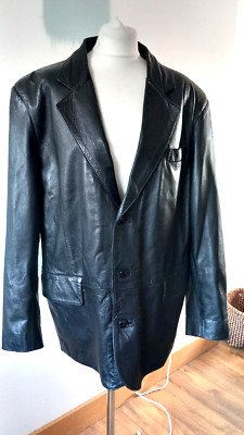 Mens Black Leather Jacket Vintage  Front Pockets DAMAS PELE Size 44''Chest VGC