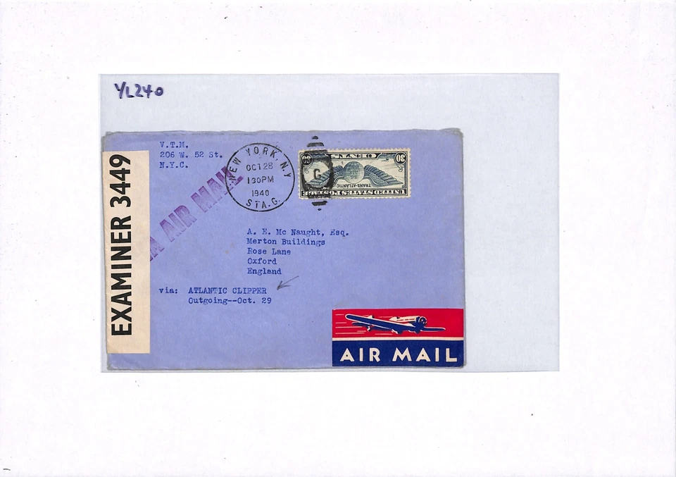 USA WW2 Air Mail Cover NY VTM TUXEDO PARK GB Oxford SAS McNaught 1940 YL240 - Image 3 of 4