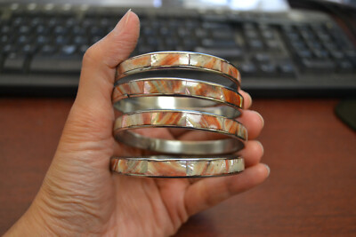 4 PCS RED ABALONE SHELL STAINLESS STEEL BANGLE BRACELET 1/4'' 