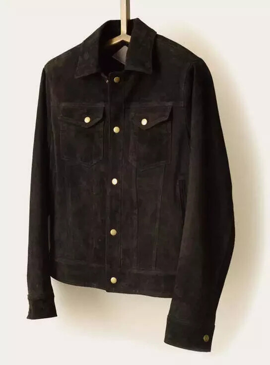Men's Real Suede Leather Trucker Jacket Fashion Biker Retro