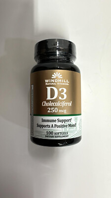 Vitamin D3 Cholecalciferol 250 mcg Windmill Naturals 100 softgel Exp 09/2026