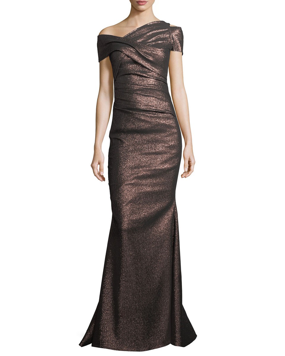 talbot runhof one shoulder dresses Talbot Runhof One-Shoulder Metallic Voile Cape Gown