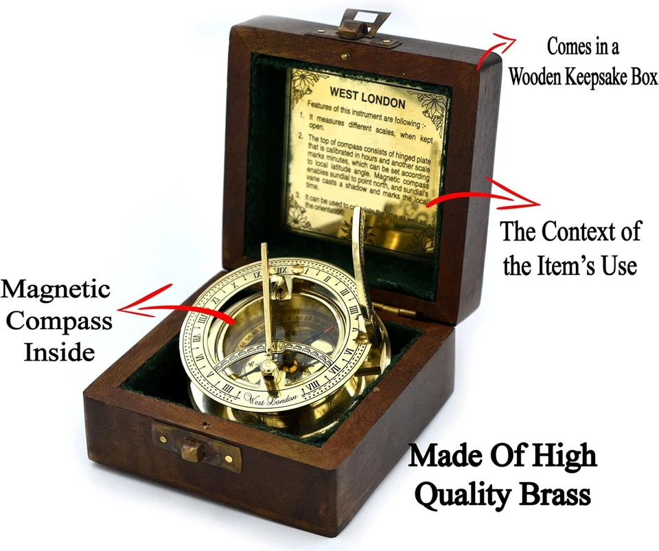 SARA NAUTICAL Bússola de Relógio de Sol Antiga de Latão, Relógio em Médio, Ouro  - Imagem 3 de 4