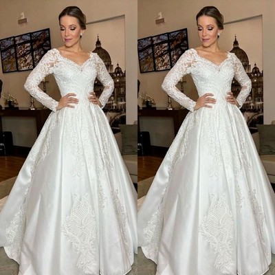 a line wedding dress ebay Vintage Wedding Dresses Long Sleeves Satin Lace Appliues A Line Bridal  Gowns