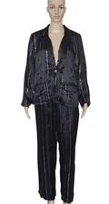 Free People Sequin Embellisheded Button Black Striaght Leg Pant & Blazer Set L