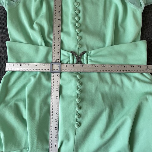 Vintage 70s Union Made Mint Green Gown Size 18 -1/2 Sheer Sleeves Prom Dress Tea - Picture 8 of 11