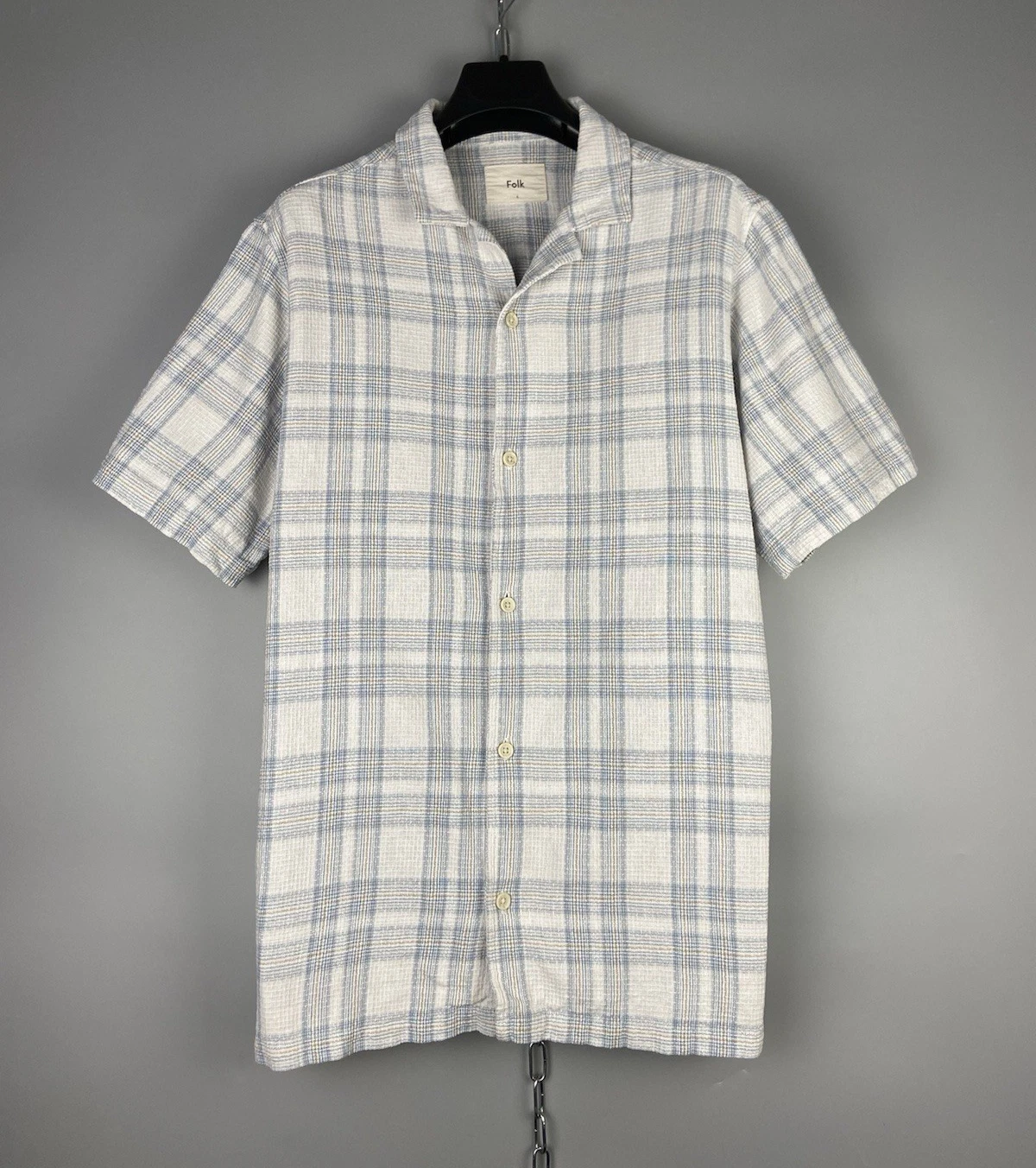Folk Mens Linen Cotton Knit Button Short Sleeve Checked Casual Shirt Size L