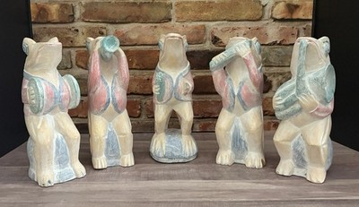 6 Vintage Folk Art Style Jazz Band Toad Frogs Wood Figurines 8  Pastel Tones
