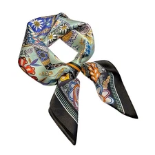 100% Silk Square Scarf Women Neckerchief Wrap Vintage Green Flower Horse 65*65cm