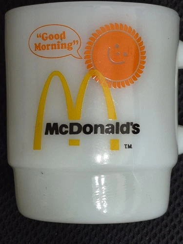 McDonalds Milk Glass Vintage Coffee Mug Good Morning Anchor Hocking Fire king