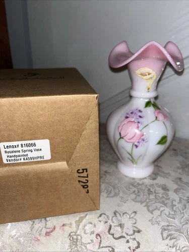 Fenton Hand Painted Melon Vase in Rosalene - Hand Painted- Signed- New w/ tags