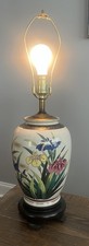 Vintage Japanese Floral Irises Kingfisher Bird Ginger Jar Vase Urn Lamp 25"