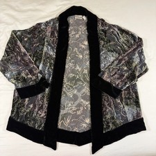 Chico's Burnout Velvet Kimono Jacket Size 2 Black Velvet Trim Floral Devor
