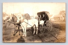 RPPC Man & Woman in Two Horse Drawn Buggy Carriage Farm Town Real Photo Postcard