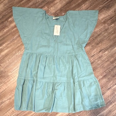 Universal Thread Green Linen Blend Tiered Flutter Sleeve V-Neck Sundress Size L