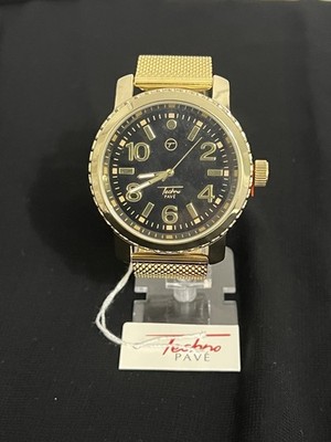 Techno Pavé 7110 Men's Fashion Watch Gold Mesh Strap Black & Gold Bold Dial NEW