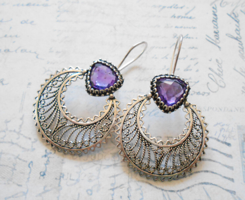 DGS Turkish Sterling Silver Filigree Amethyst Drop Earrings 29C1 - Picture 3 of 11