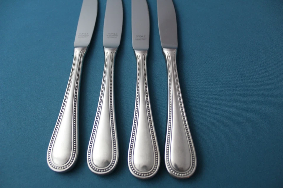 4 Cuchillos de Cena Toalla Hueca CUENTAS ANTIGUAS Satinado 18/8 Inoxidable Alemania 8 7/8" Foto 2 de 4
