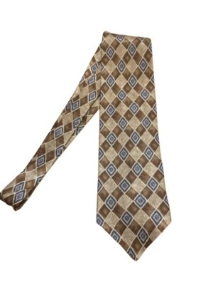 Haggar Clothing Collection 100% Silk Tie Brown White Blue Geometric 57 x 4 USA 