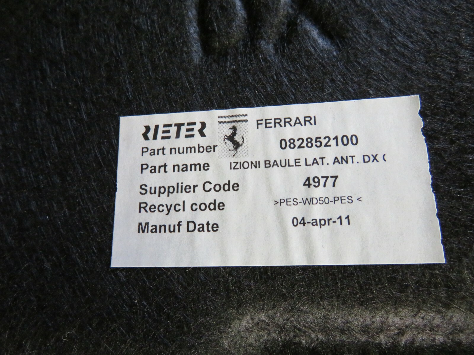 Ferrari California, RH, Right, Forward Trunk Carpet, Used, P/N 82852100