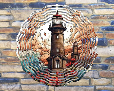 10'' Lighthouse Ocean Waves Flowers Wind Spinner Yard Decor 3D Kinetic rws061