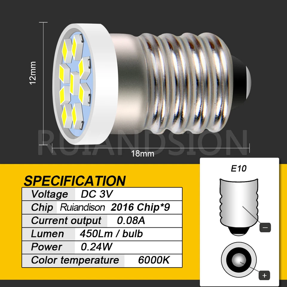 Ruiandsion E10 LED Schraubbasis Taschenlampe Birne AC 3V 4.5V 6V 12V 24V - Imagen 2 de 4
