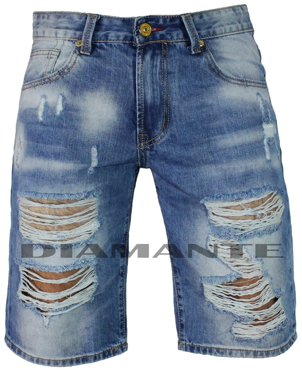 Bermuda Jeans uomo Denim strappati sfilacciati pantaloncino corto