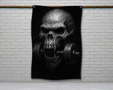 Skull Gym Flag - Motivational Wall Art Distressed Banner for Home Gym Decor