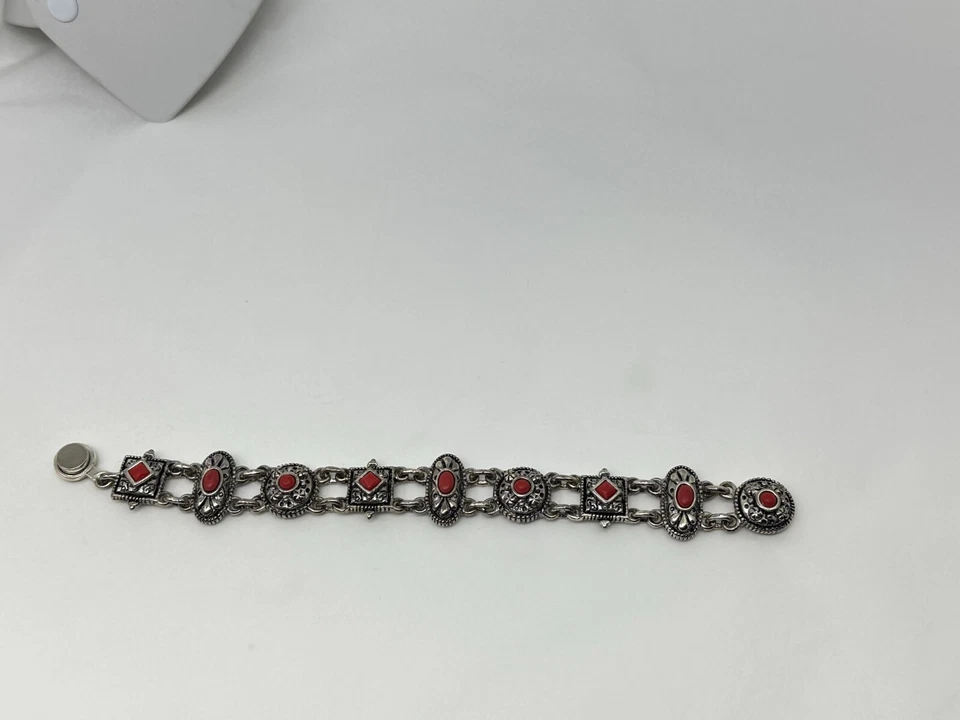 PREMIER DESIGNS Silvertone e painel de inserção de pedra vermelha pulseira 7" fecho magnético - Imagem 4 de 4