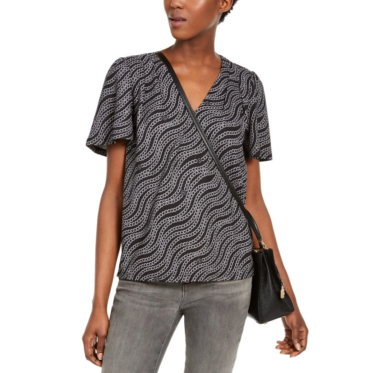 MICHAEL KORS NEW Women s Petite Chain print V neck Blouse Shirt