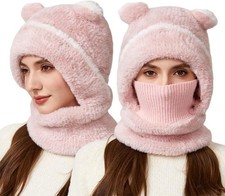 Bear-Ear Windproof Winter Hat Bears Ski Cap KnitBeanie with Scarf Mask Balaclava