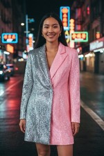 Main Strip Women’s Pink And White Coat Dress Cocktail Party Size Medium Sequin