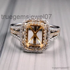 9x7mm Emerald  Semi-Mount Ring with CZ Diamonds Tri Shank Sterling Silver Ring