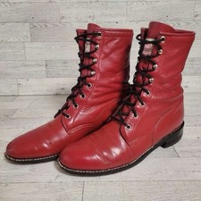 Women  s Justin Red Leather Western Lace Up Kiltie Roper Boots Size 7 Made in USA