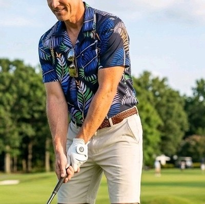 Kaidite Mens L Golf Button Down Polo Navy Hawaiian, Casual, Short Sleeve, Active