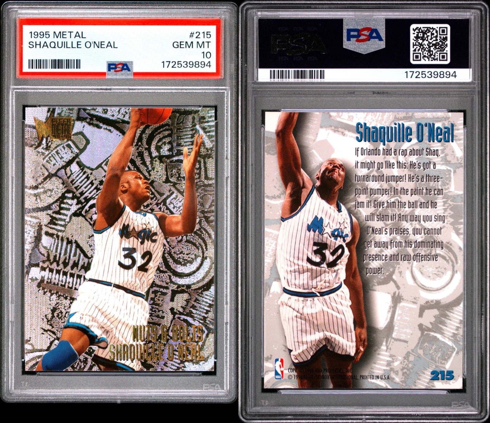 SHAQUILLE O'NEAL 1995 Fleer Metal Nuts & Bolts #215 PSA 10 Gem Mint - NEW CERT! view 3