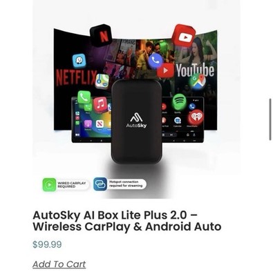 AutoSky Wireless CarPlay And Android Auto AI Box Lite Plus 2.0 - Netflix YouTube