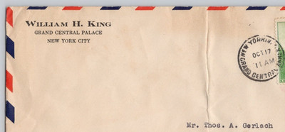 1930s William H King Grand Central Palace New Yok NY Air Mail Postal Cover