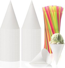 6 oz Snow Cone Cups  Straws,100pcs White Paper Cone Cups W/ 100pcs Neon Spoon