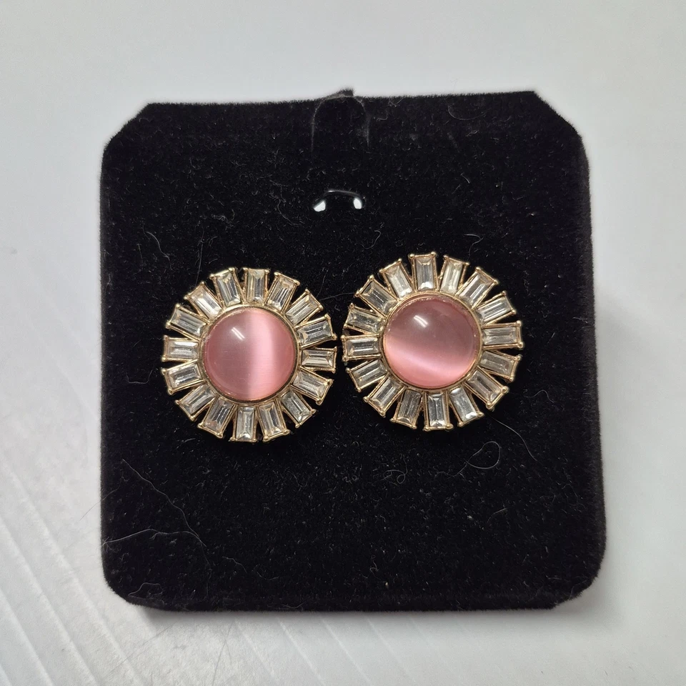 Kate Spade Pink Cabachon Moonglow Crystal Baguette "Pierced" Earrings Signed  - Image 4 of 4