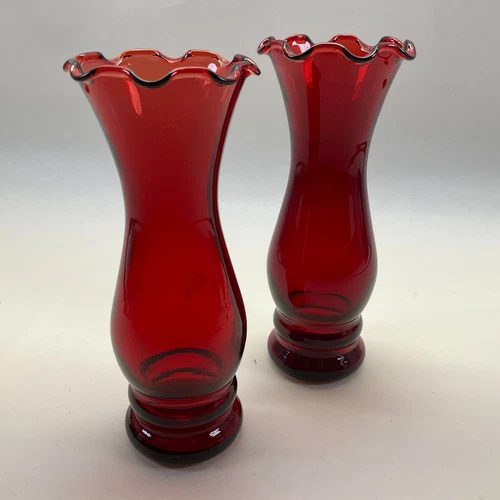 Anchor Hocking Royal Ruby Flower Vases - Ruffled Rim Vintage - Set of 2